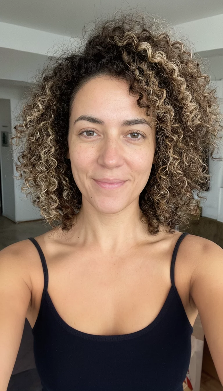 Caramel Infused Chocolate Curls selfie of a 27-year-old woman wearing a black spaghetti strap top with a dark brown and light brown colored curly hairstyle, front view, indoor setting
