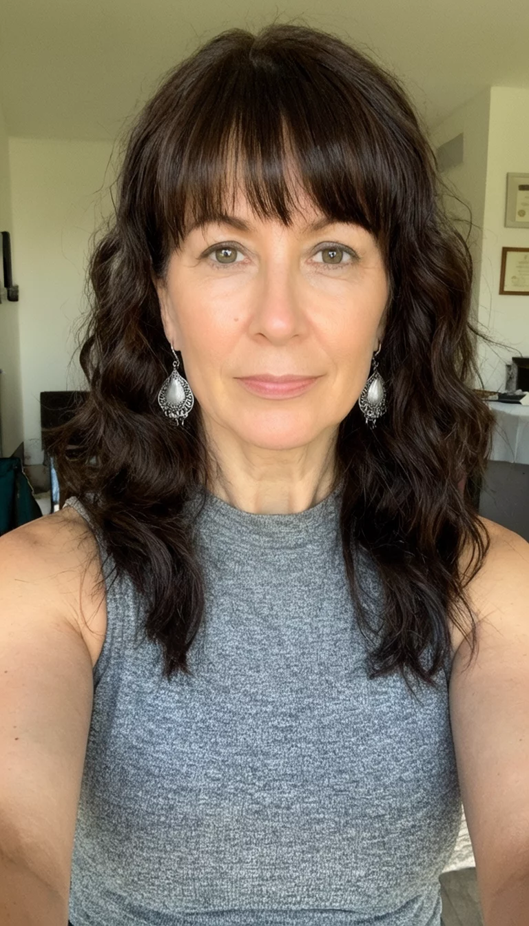 Silver Toned Espresso Waves selfie of a 39-year-old woman wearing a gray sleeveless top with a dark brown colored wavy hairstyle with bangs, front view, indoor setting with silver earrings