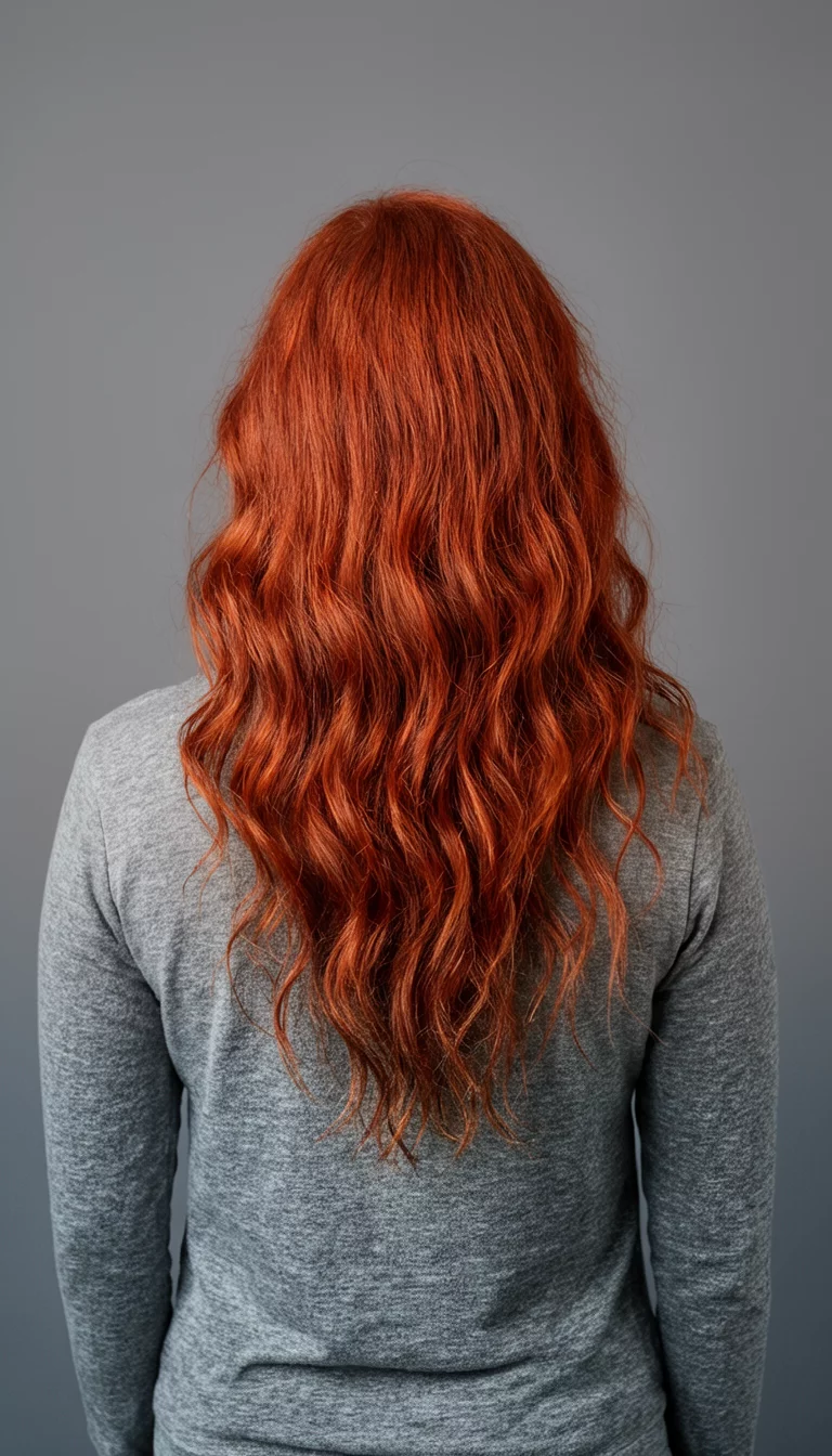 casual photo of a 32-year-old woman wearing a grey top with a copper-red colored long wavy hairstyle, back view, grey background