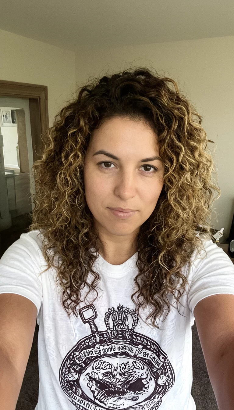 Modern Honey Highlights And Spectacles selfie of a 30-year-old woman wearing a white graphic tee with a brown and blonde highlighted colored curly hairstyle, front view, casual indoor background