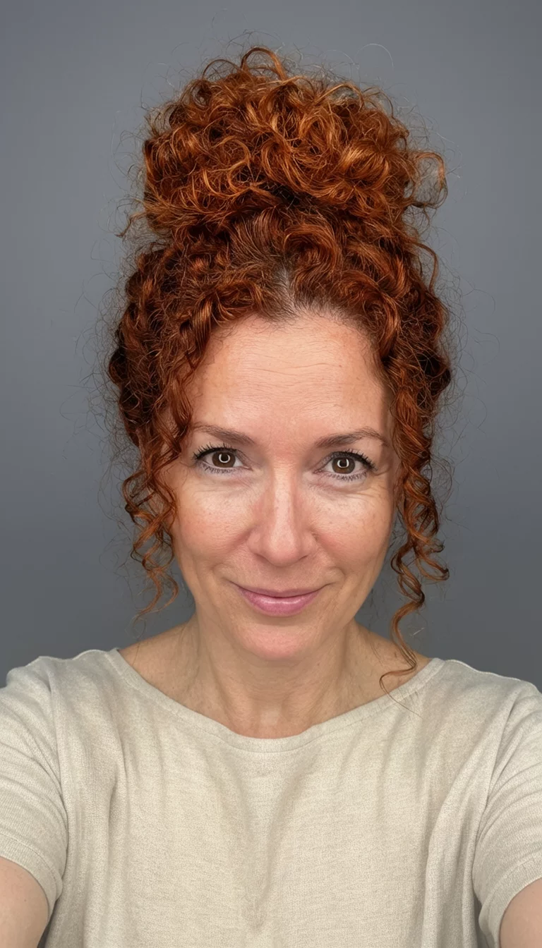 Auburn Smiles In A Messy Updo selfie of a 36-year-old woman wearing a simple top with a auburn colored curly bun hairstyle, front view, grey background