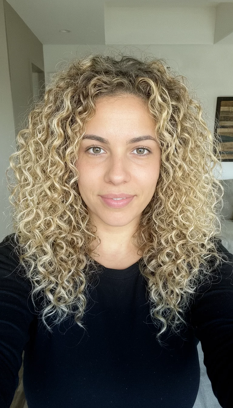 Twice The Texture With Sun Kissed Ribbons selfie of a 28-year-old woman wearing a black top with a blonde highlighted colored voluminous curly hairstyle, front view, indoor setting