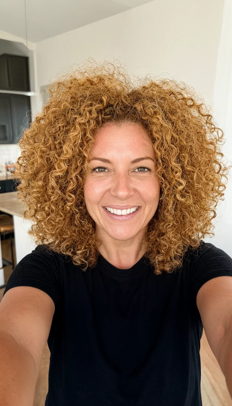 Warm Caramel Volume selfie of a 37-year-old woman wearing a black t-shirt with a caramel-toned colored voluminous curly hairstyle, front view, cheerful indoor setting