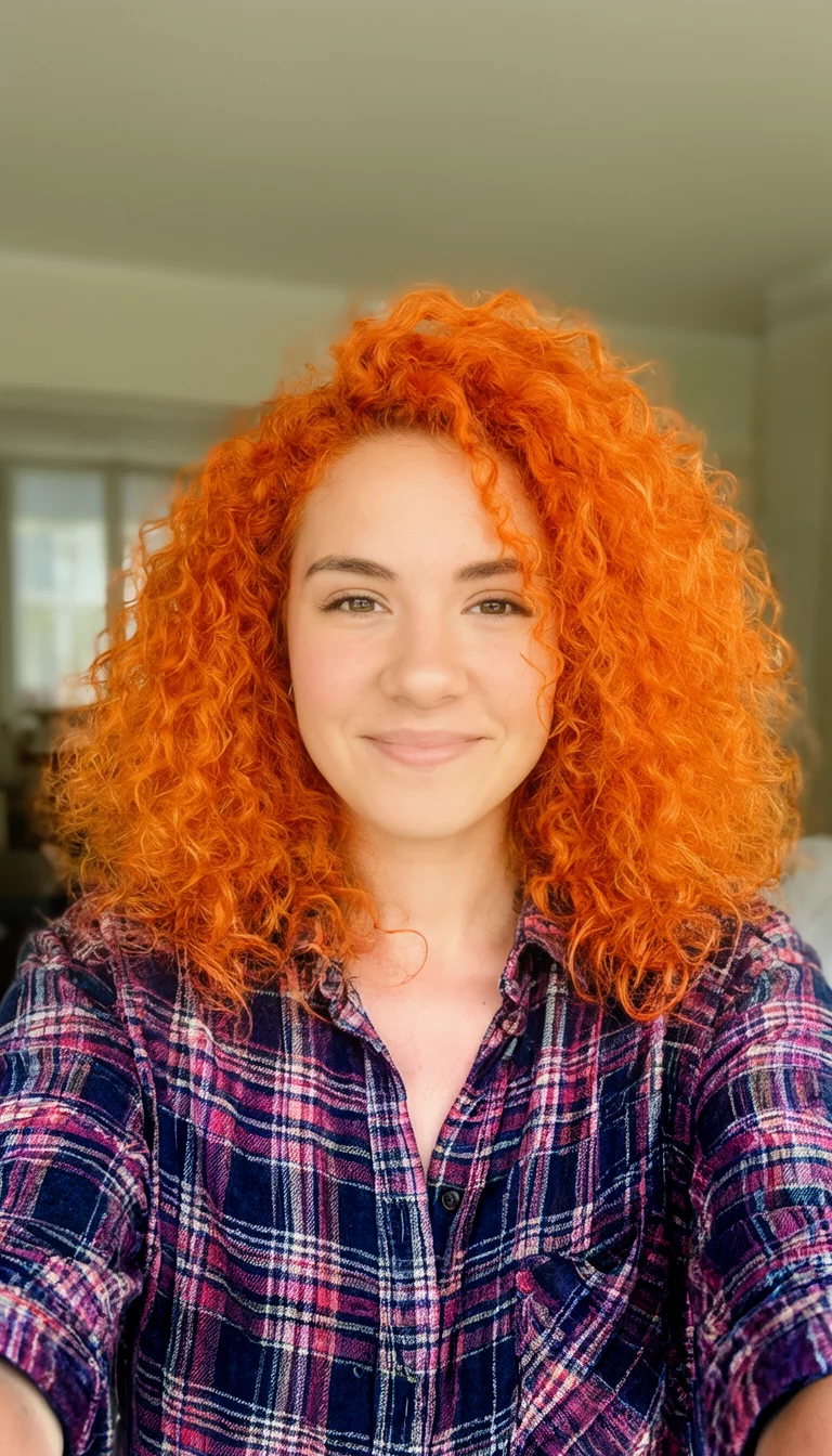 Vibrant Neon Orange Spirals selfie of a 24-year-old woman wearing a plaid shirt with a bright orange colored voluminous curly hairstyle, front view, indoor setting