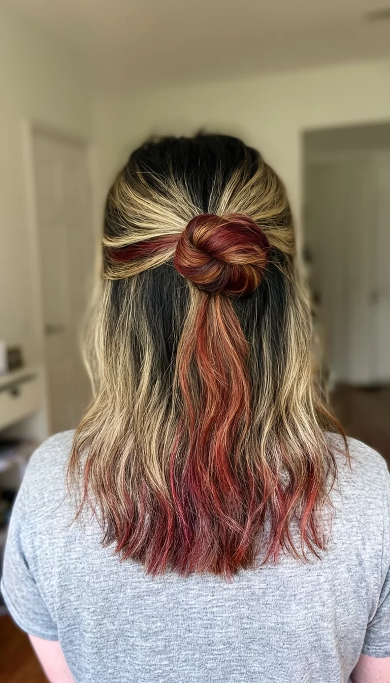 The Eclectic Half Up Knot casual photo of a 22-year-old woman wearing a casual top with a black, blonde, and reddish-brown multi-colored half-up knot hairstyle, back view, indoor background
