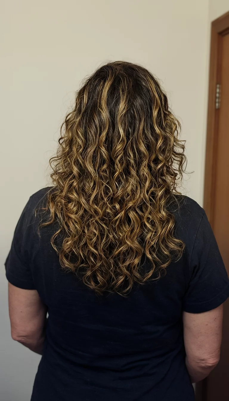 Glistening Golden Brown Cascade casual photo of a 45-year-old woman wearing a dark shirt with a dark brown and golden blonde highlighted colored long curly hairstyle, back view, simple indoor background