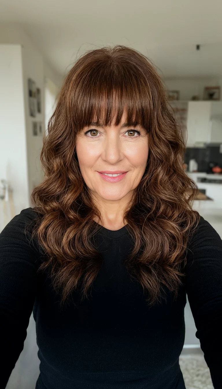 Solid Rich Walnut Brown selfie of a 42-year-old woman wearing a black long-sleeved top with a rich brown colored wavy hairstyle with bangs, front view, indoor setting
