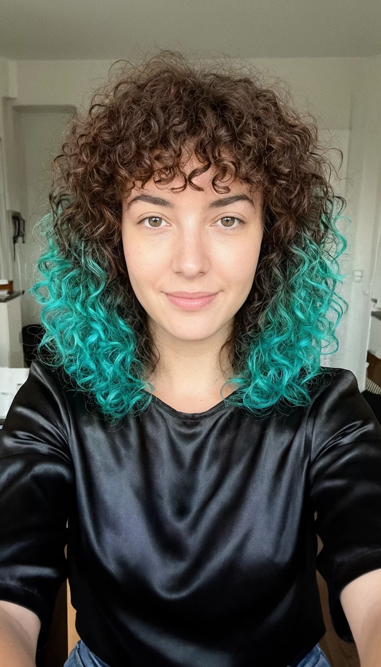 Turquoise Midnight Curls selfie of a 23-year-old woman wearing a black satin top with a dark brown and turquoise tipped colored curly hairstyle, front view, indoor setting