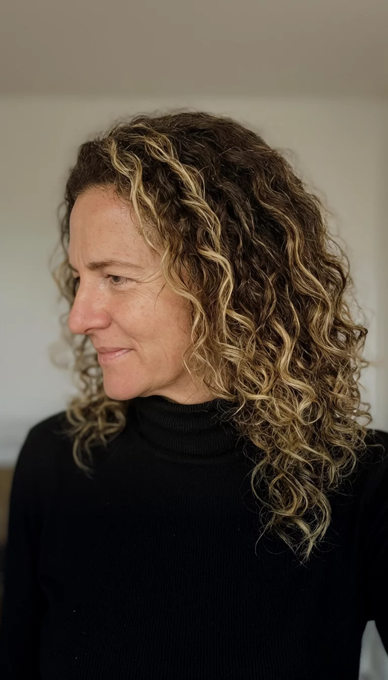 Subtle Dimension For Dark Brunettes casual photo of a 41-year-old woman wearing a black turtleneck with a dark brown with blonde highlights colored curly hairstyle, side view, neutral indoor background