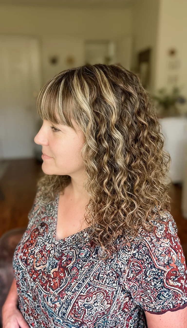 The Bold Blonde Fringe Statement casual photo of a 29-year-old woman wearing a patterned top with a brown and blonde streaked colored curly hairstyle with bangs, side view, domestic background