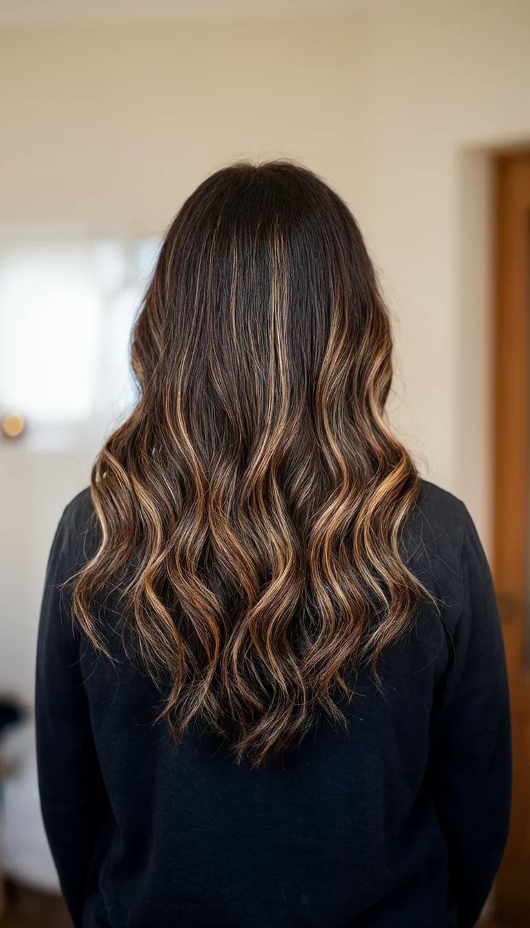 Subtle Light Brown Lowlights casual photo of a 38-year-old woman wearing a dark top with a dark brown and light brown highlighted colored long wavy hairstyle, back view, soft indoor lighting