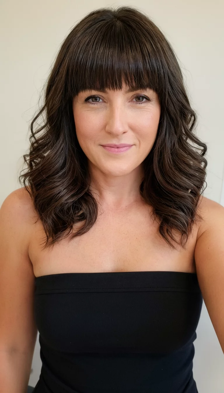 Dark Espresso Layers With Bangs selfie of a 31-year-old woman wearing a black strapless top with a dark brown colored layered wavy hairstyle with bangs, front view, professional lighting