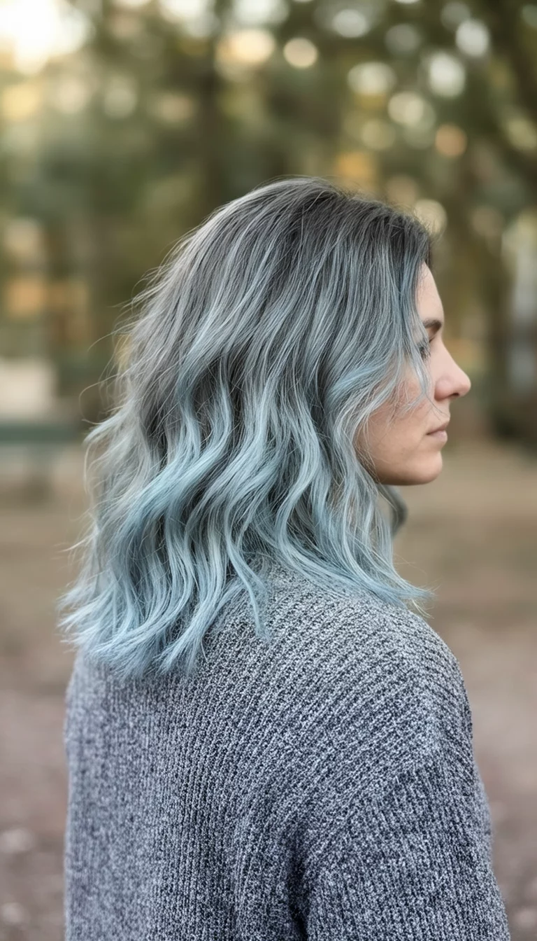 Stormy Blue Slate casual photo of a 26-year-old woman wearing a grey sweater with a grey and light blue colored wavy, shoulder-length hairstyle, side view, blurred background