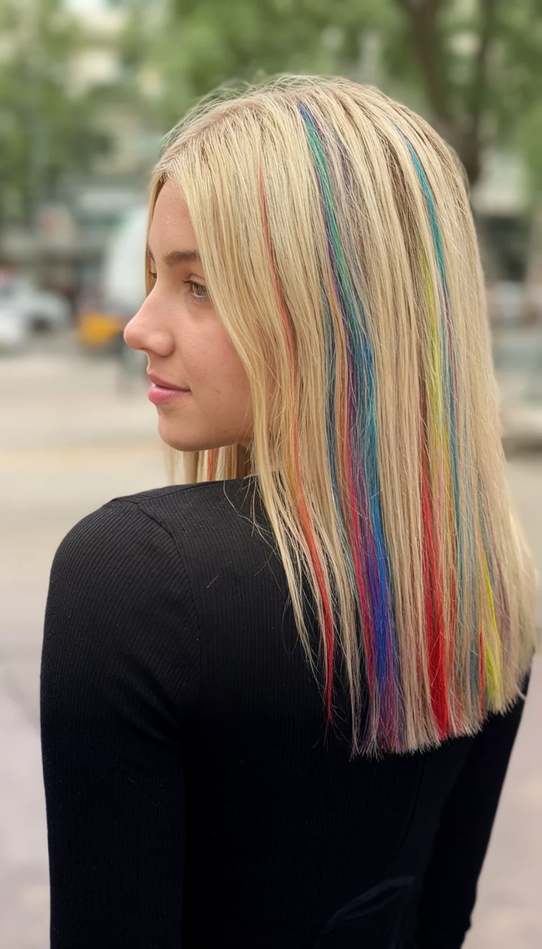 Electric Pastel Streaks casual photo of a 22-year-old woman wearing a black top with a blonde with colorful streaks colored straight hairstyle, side view, blurred background