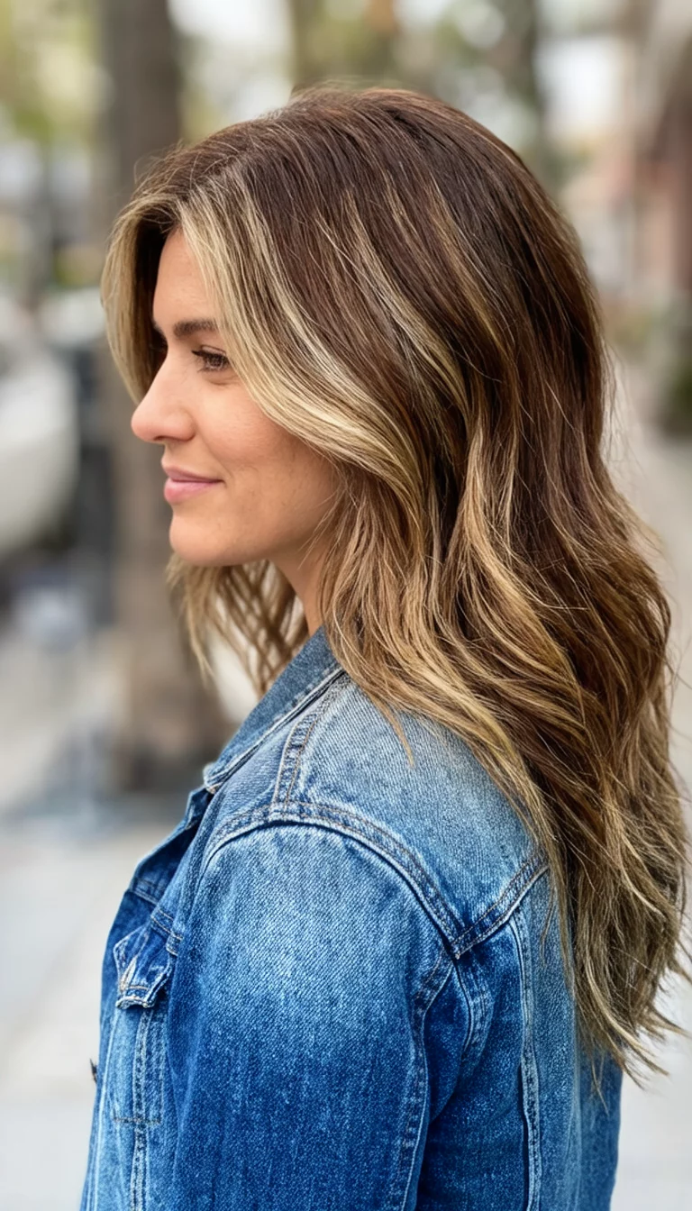 Sun Kissed Denim Brunette casual photo of a 32-year-old woman wearing a denim jacket with a brown hair with blonde highlights colored long, layered hairstyle, side view, blurred background