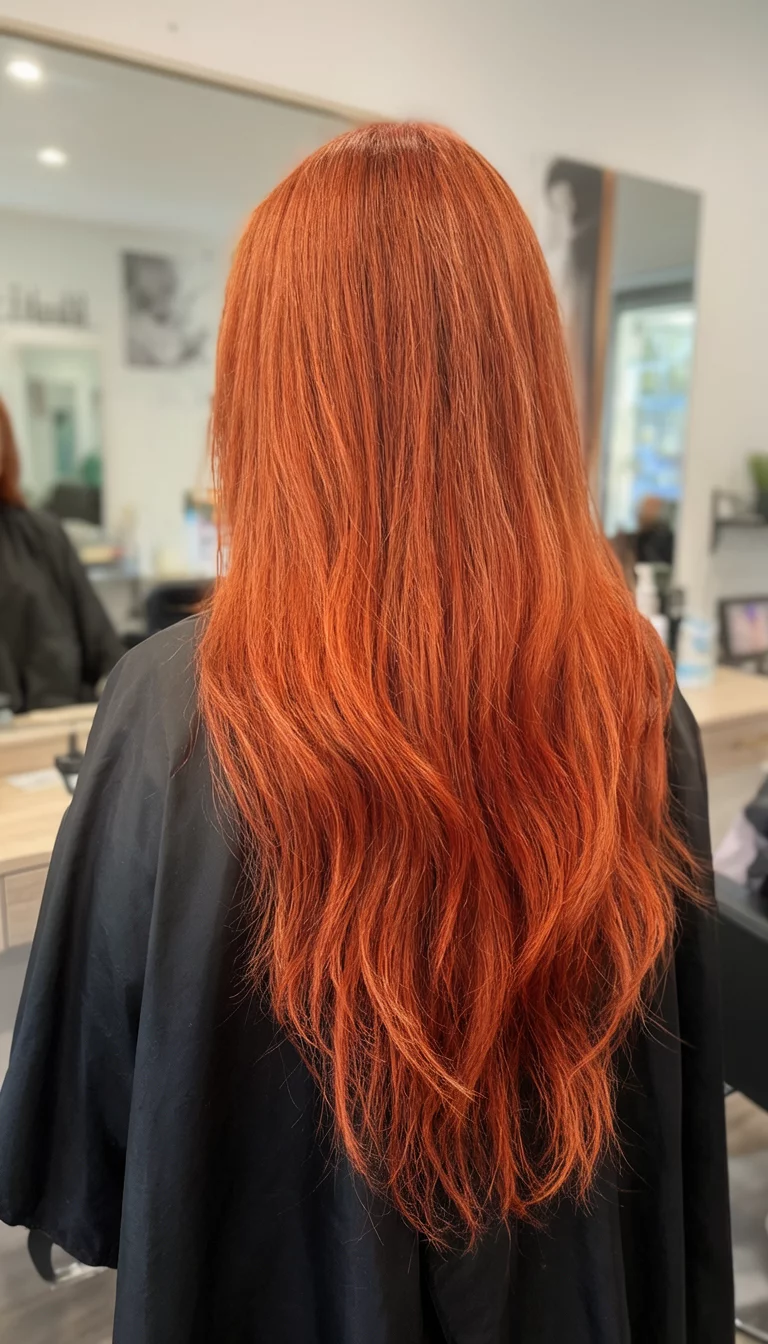 Molten Copper Flow casual photo of a 39-year-old woman wearing a salon cape with a bright copper-red colored long, flowing hairstyle, back view, salon-like background