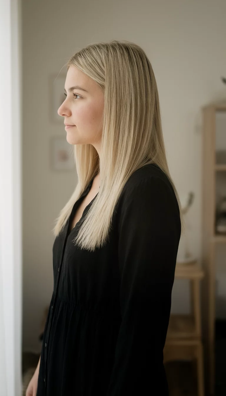 Crisp Platinum Silk casual photo of a 29-year-old woman wearing a black dress with a light blonde colored straight hairstyle, side view, room background