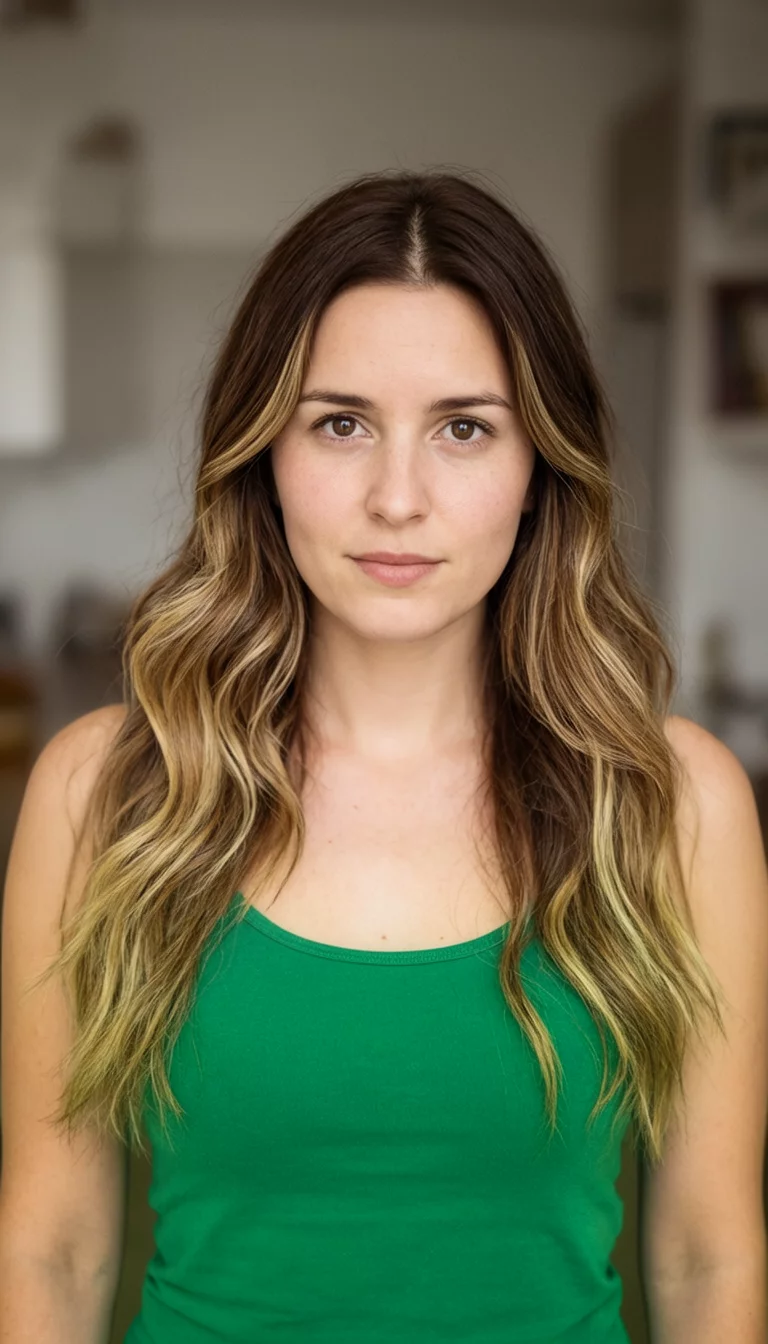 front view of a 28-year-old woman wearing a green camisole with a brown hair with blonde highlights colored long, wavy hairstyle, front view, slightly blurred indoor background