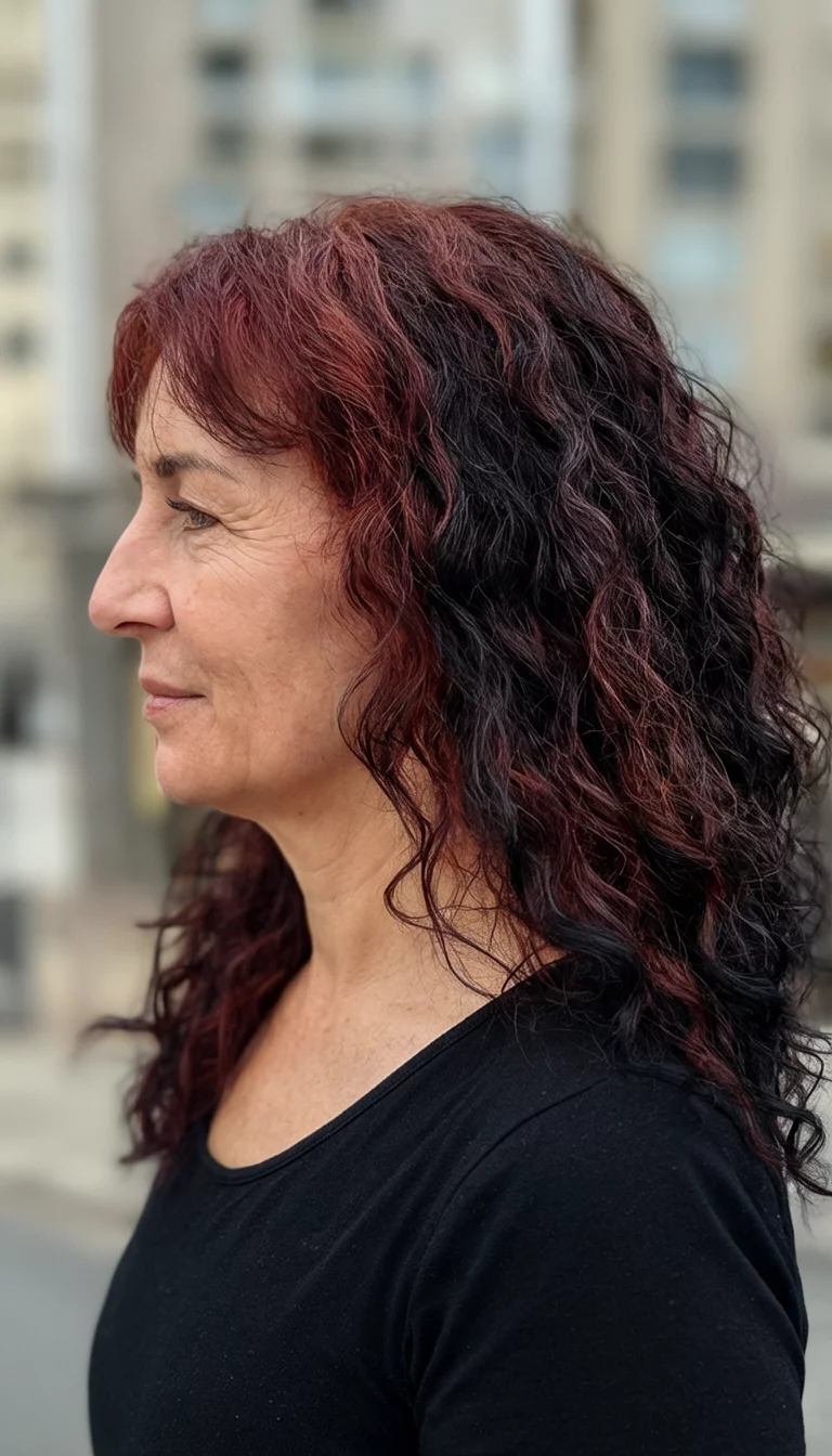 The Autumn Trio Palette casual photo of a 41-year-old woman wearing a black top with a dark wavy, auburn curls, and dark messy curls colored diverse hairstyle, side view, blurred background