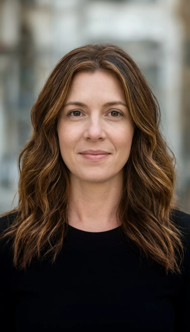 Modern Mocha Glow front view of a 33-year-old woman wearing a black top with a brown hair with subtle lighter brown highlights colored medium-length, wavy hairstyle, front view, blurred background
