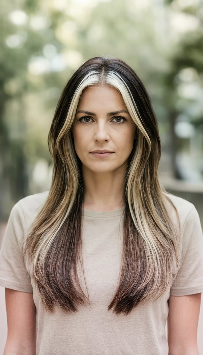 The Contrast Collection front view of a 30-year-old woman wearing a neutral top with a blonde with high contrast highlights, dark brown with balayage, and light brown with layers colored various hair styles, front view, blurred background