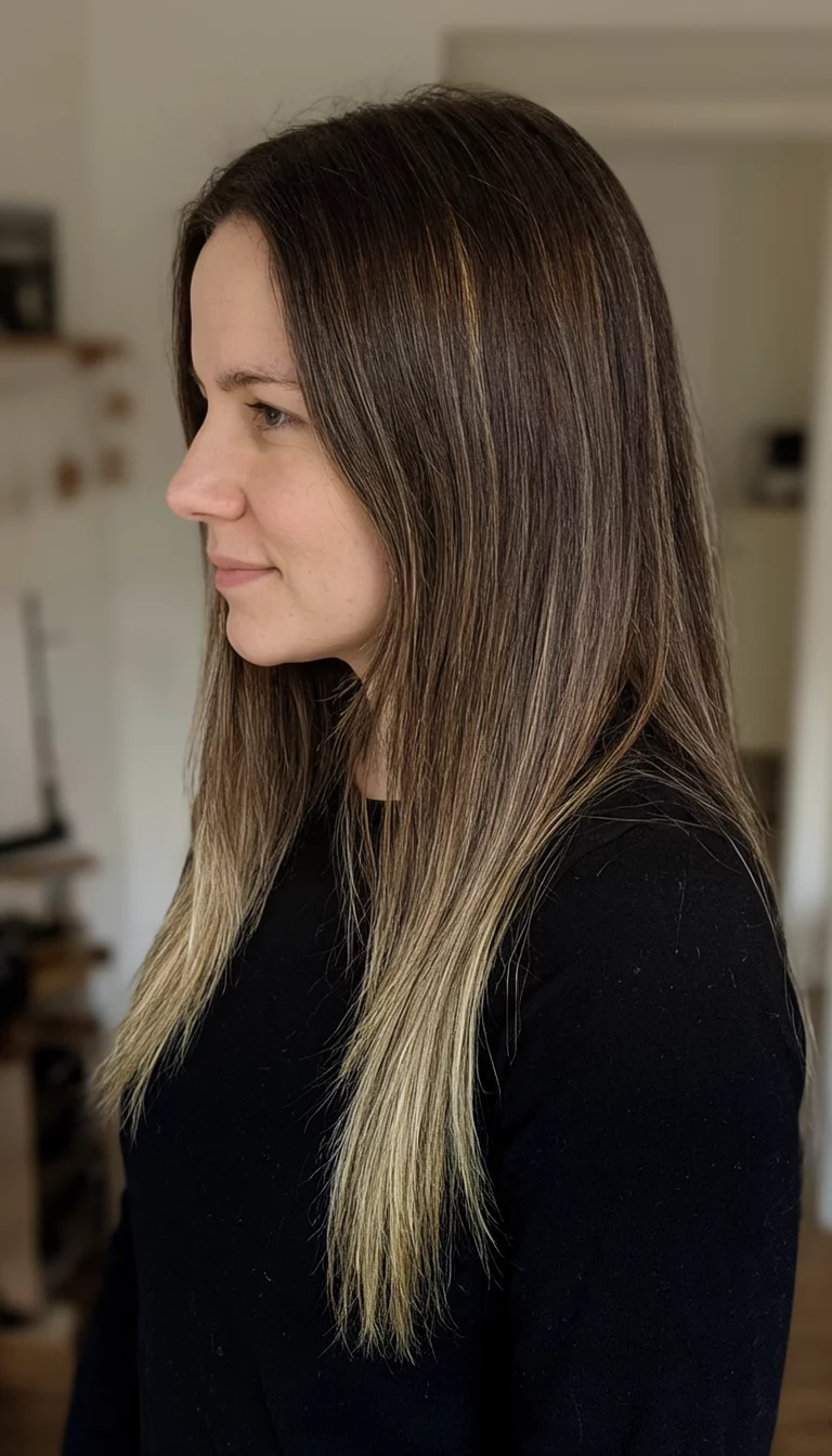 Espresso with a Twist casual photo of a 31-year-old woman wearing a black top with a dark brown with subtle blonde undertones colored long, straight hairstyle, side view, indoor background
