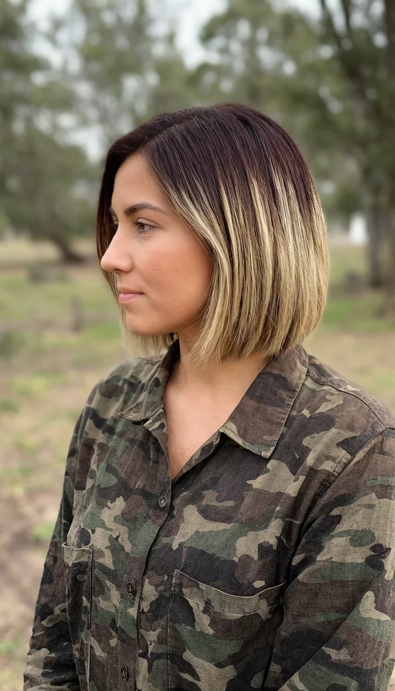 Camouflage Blonde Bob casual photo of a 27-year-old woman wearing a camouflage-patterned shirt with a dark brown with blonde highlights colored shoulder-length bob hairstyle, side view, outdoor background