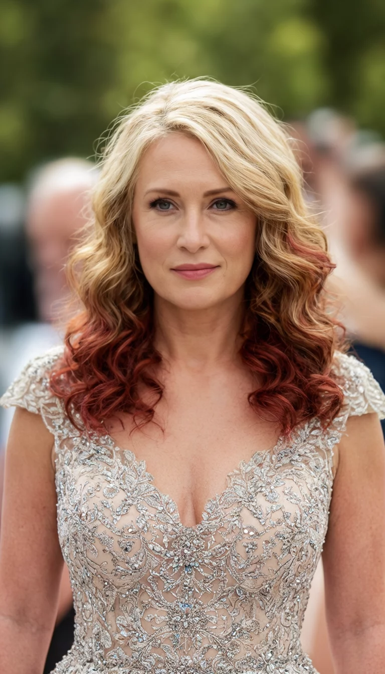 Jewel Tone Duo front view of a 34-year-old woman wearing a fancy dress with a blonde and reddish-brown colored wavy and curly hairstyle, front view, blurred background