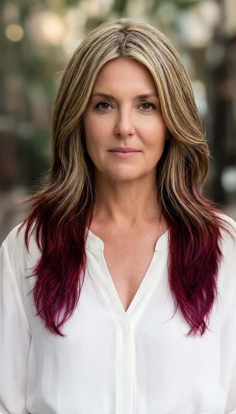 High Contrast Harvest Layers front view of a 35-year-old woman wearing a stylish blouse with a blonde with highlights, bronde with layers, and dark red colored various hair styles, front view, blurred background