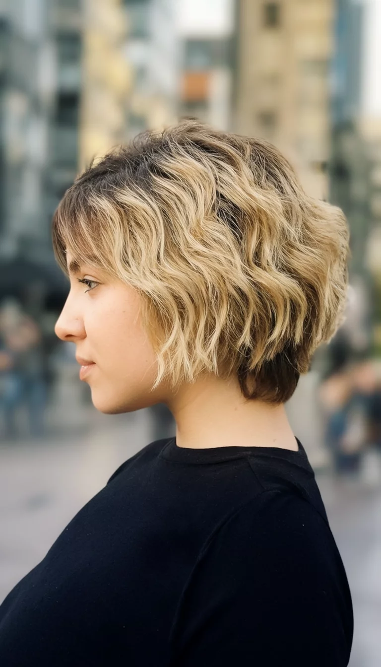 Shadow Root Vanilla Bob casual photo of a 24-year-old woman wearing a black top with a blonde with darker roots colored short, wavy hairstyle, side view, blurred background