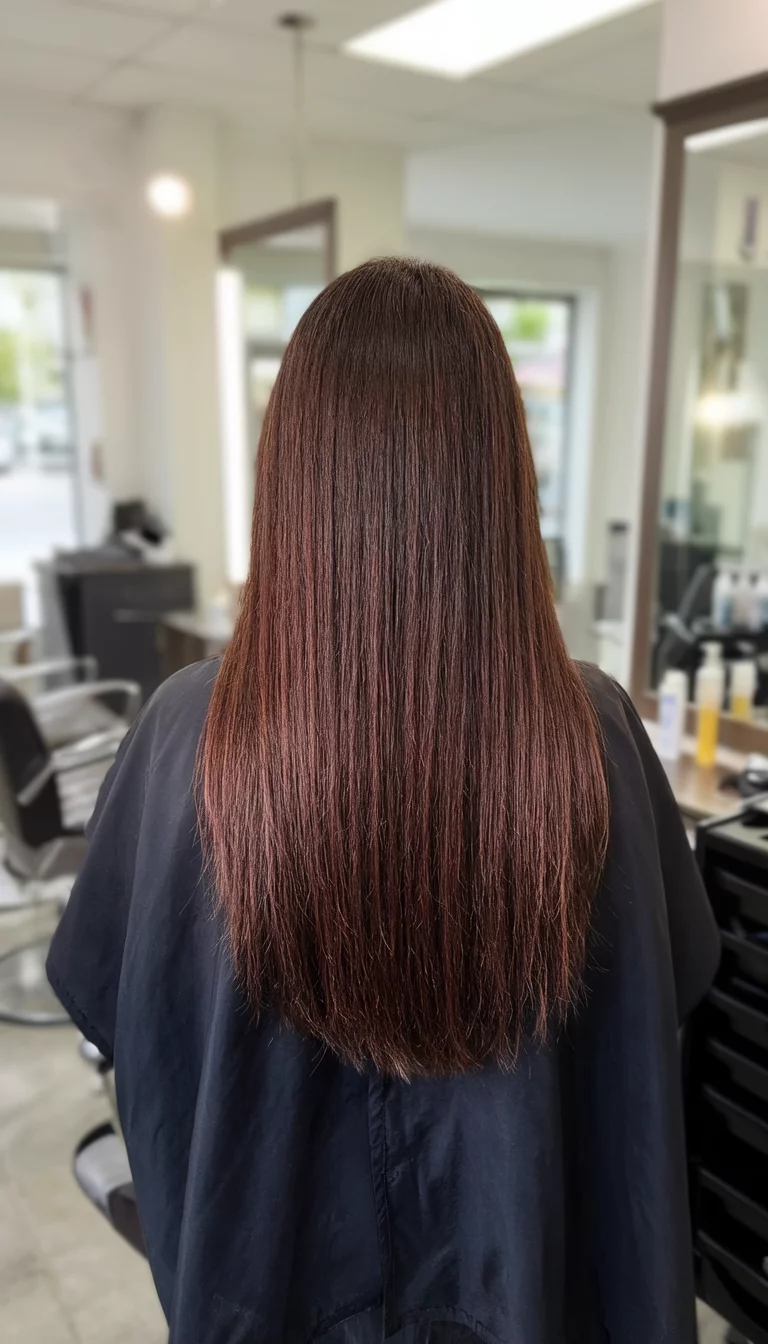 Polished Walnut Glass casual photo of a 44-year-old woman wearing a salon cape with a deep brown colored long, straight hairstyle, back view, professional salon background