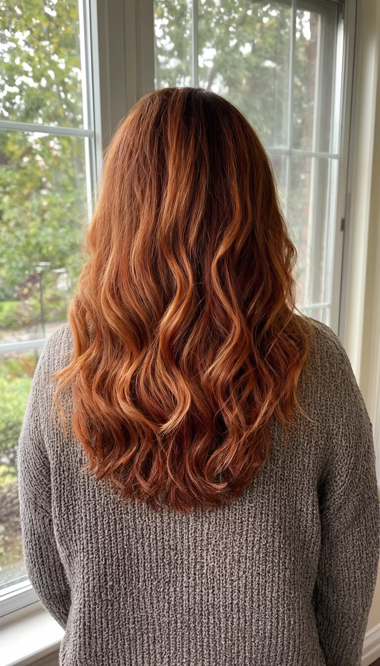 Amber Window Light casual photo of a 47-year-old woman wearing a sweater with a auburn with lighter copper highlights colored wavy hairstyle, back view, window background