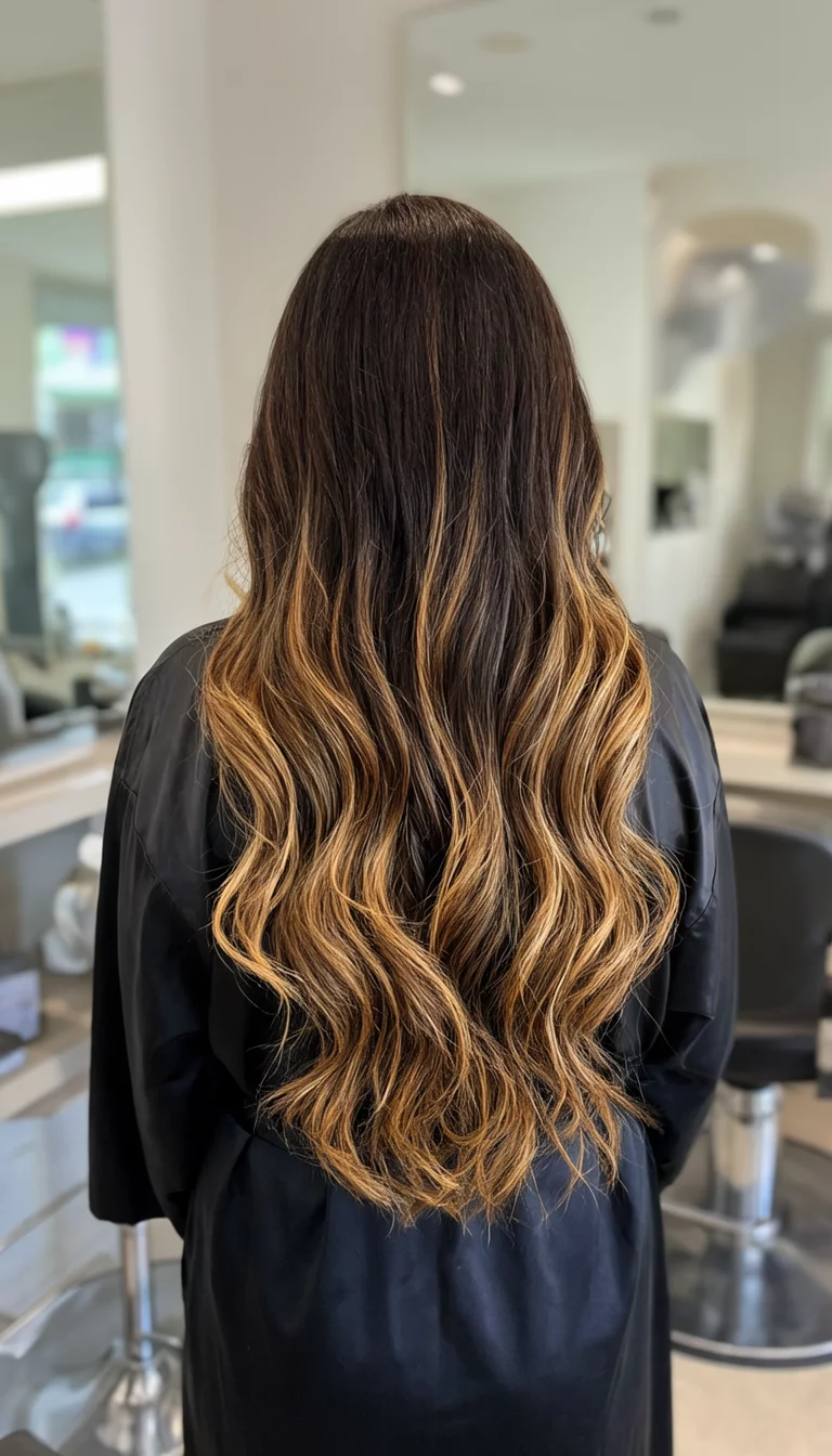 Caramel Drizzle Brunette casual photo of a 31-year-old woman wearing a salon robe with a dark brown hair with caramel-blonde highlights colored long, wavy hairstyle, back view, salon-like background