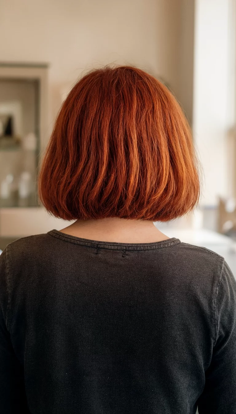 Roasted Copper Bob casual photo of a 37-year-old woman wearing a dark top with a brown with reddish-copper highlights colored medium-length bob hairstyle, back view, indoors