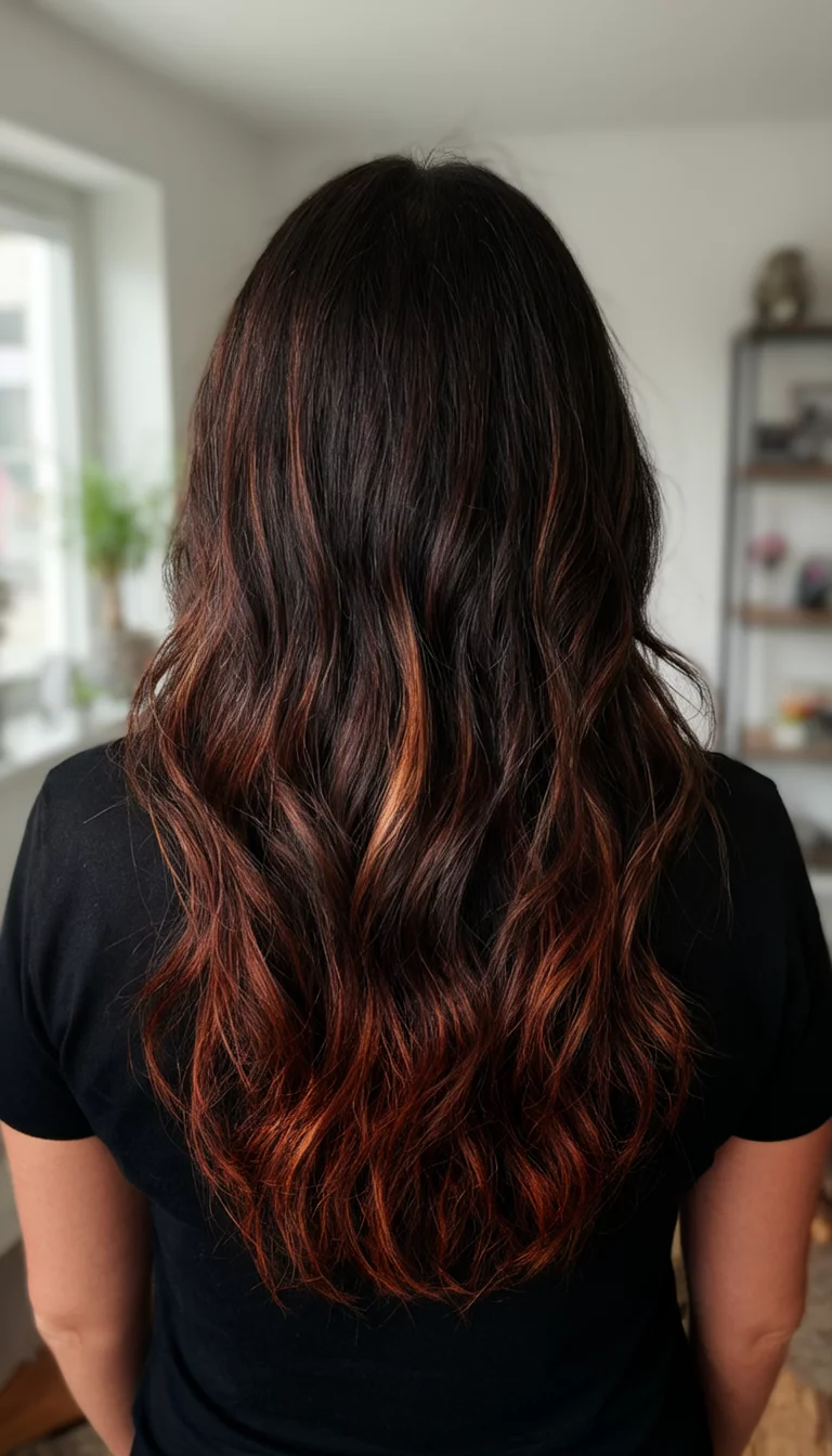 Subtle Auburn Embers casual photo of a 42-year-old woman wearing a black top with a dark brown hair with subtle copper or auburn undertones colored long, wavy hairstyle, back view, indoor background