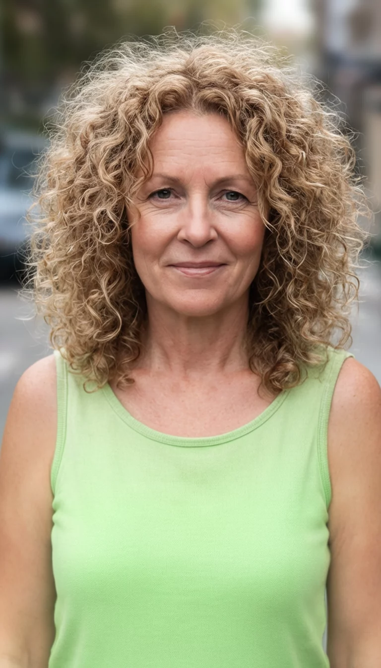 Golden Hour Curls front view of a 45-year-old woman wearing a light green sleeveless top with a blonde-brown colored voluminous, curly hairstyle, front view, blurred background