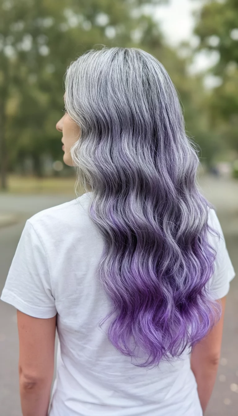 Silver Lavender Dreams casual photo of a 23-year-old woman wearing a white t-shirt with a silver-purple colored long, wavy hairstyle, back view, blurred background