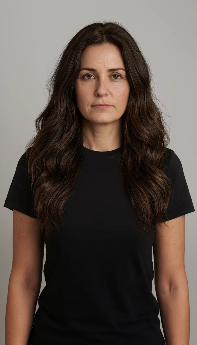 Deep Espresso Noir front view of a 38-year-old woman wearing a black t-shirt with a dark brown colored long, wavy hairstyle, front view, neutral background