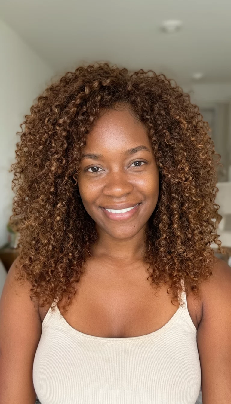 Chocolate Mocha Swirl selfie of a 25-year-old black woman wearing a light-colored top with a brown colored voluminous, curly hairstyle, front view, indoor background