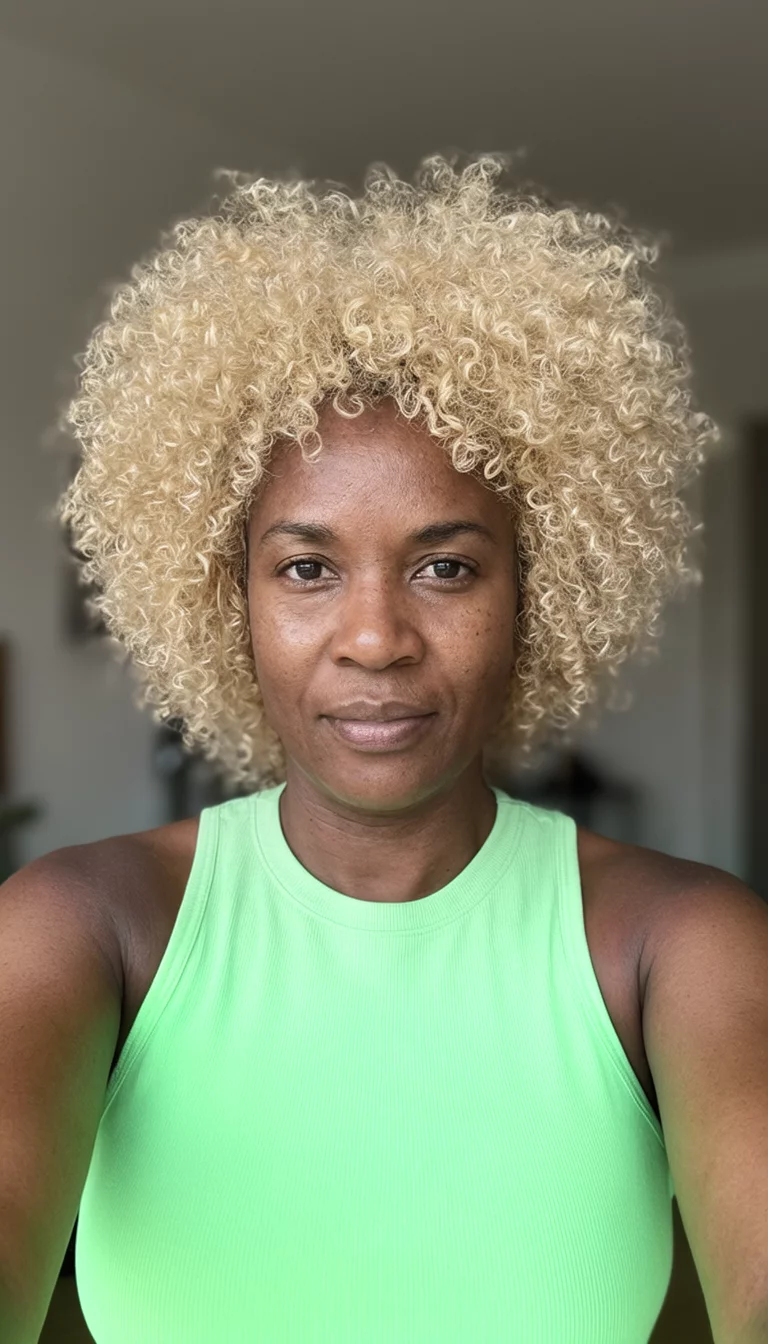 Golden Honey Curls selfie of a 31-year-old black woman wearing a light green sleeveless top with a blonde colored voluminous, curly hairstyle, front view, indoor background with muted tones
