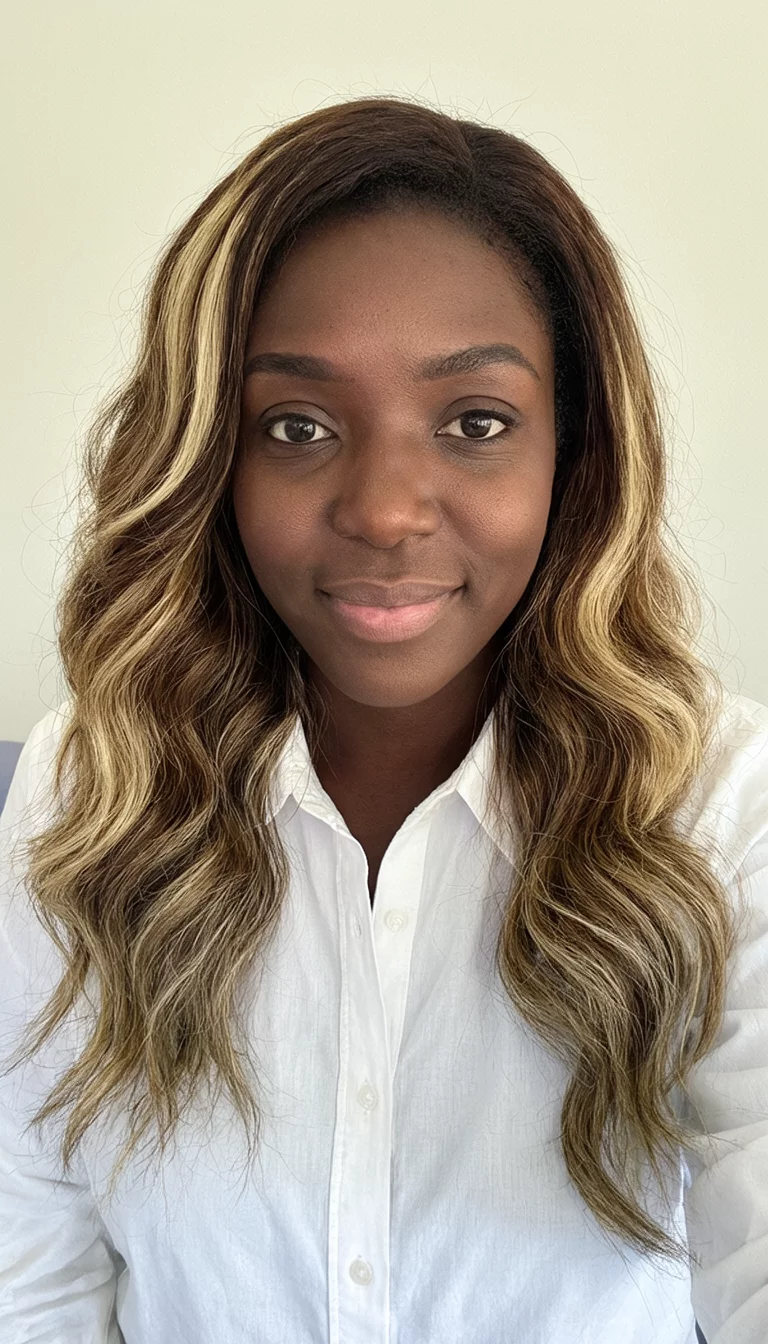 Toasted Almond Highlights selfie of a 28-year-old black woman wearing a white button-up shirt with a brown with blonde highlights colored long, wavy hairstyle, front view, light background