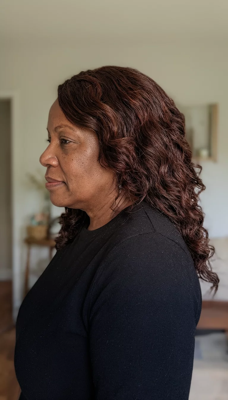 Sleek Espresso Wave casual photo of a 47-year-old black woman wearing a black top with a dark brown colored wavy hairstyle, side view, indoor background