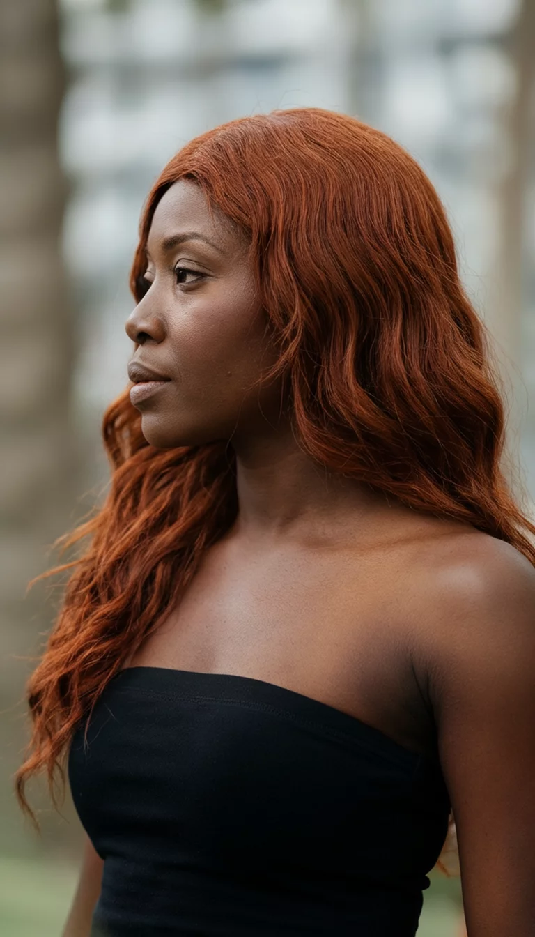 Deep Russet Auburn casual photo of a 39-year-old black woman wearing a black strapless top with a auburn colored long, wavy hairstyle, side view, blurred background