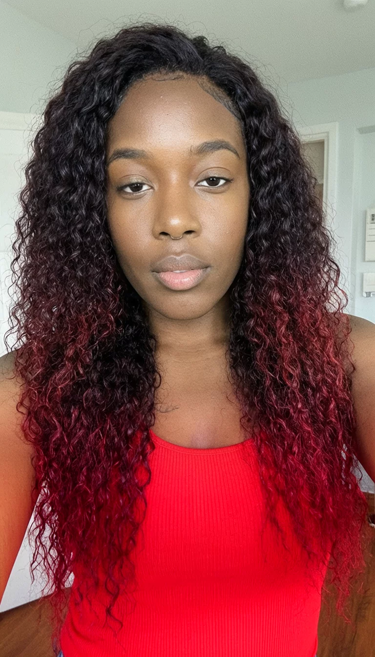 Crimson Ombre Kinks selfie of a 24-year-old black woman wearing a red ribbed tank top with a dark red to crimson ombre colored long, kinky hairstyle, front view, indoor background
