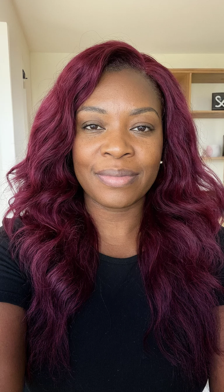Vampy Burgundy Volume selfie of a 33-year-old black woman wearing a black top with a burgundy colored long, voluminous hairstyle, front view, indoor background