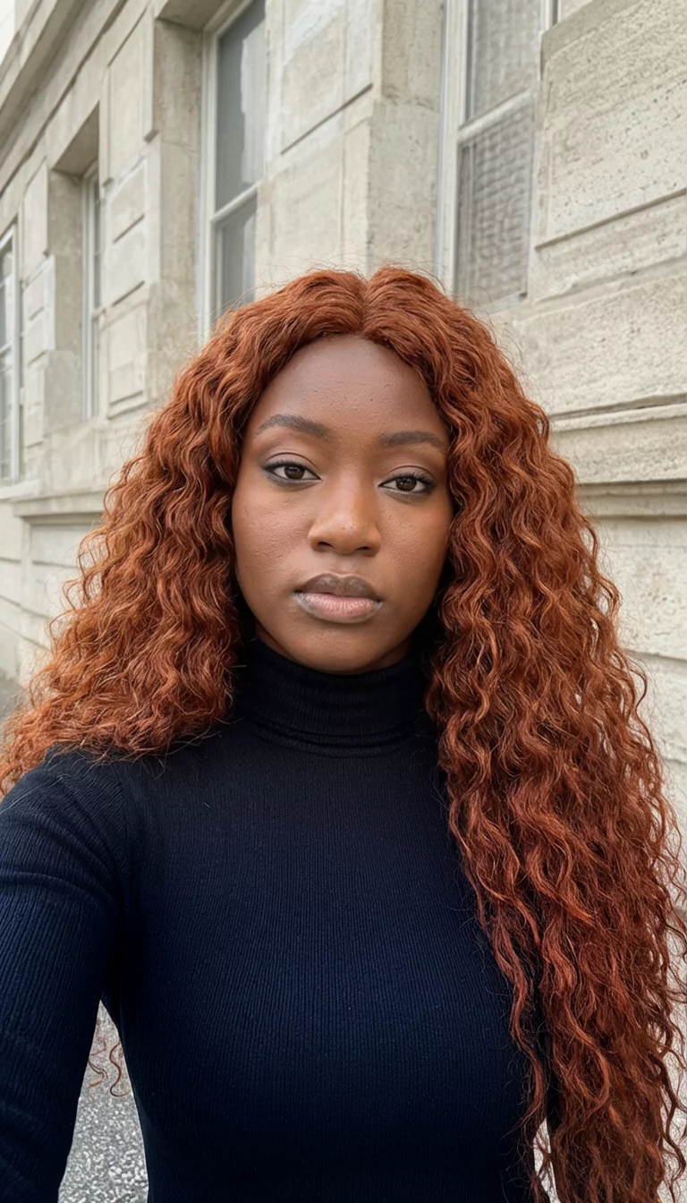 selfie of a 29-year-old black woman wearing a black turtleneck with a auburn colored long, curly hairstyle, front view, outdoors against a building