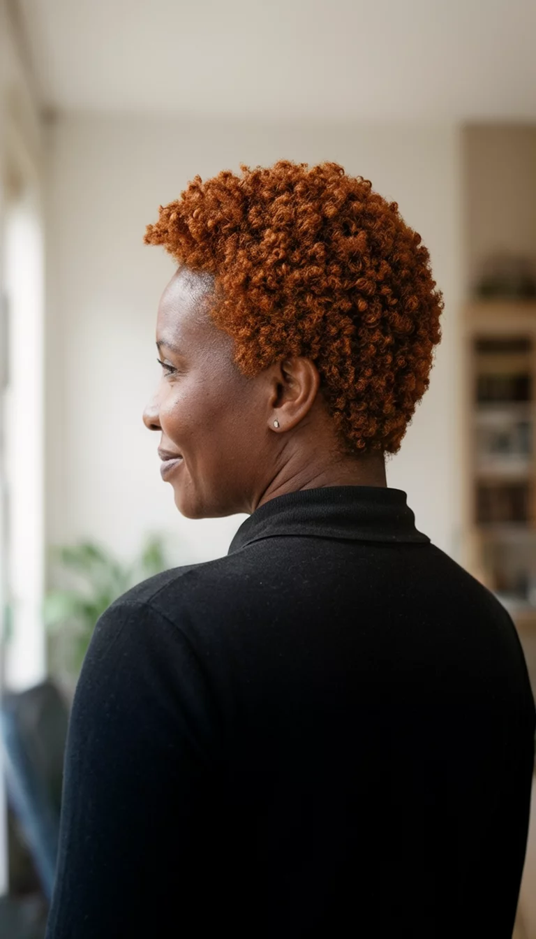 Multi Angle Copper casual photo of a 37-year-old black woman wearing a black top with a auburn colored short, curly hairstyle, back view, indoor background