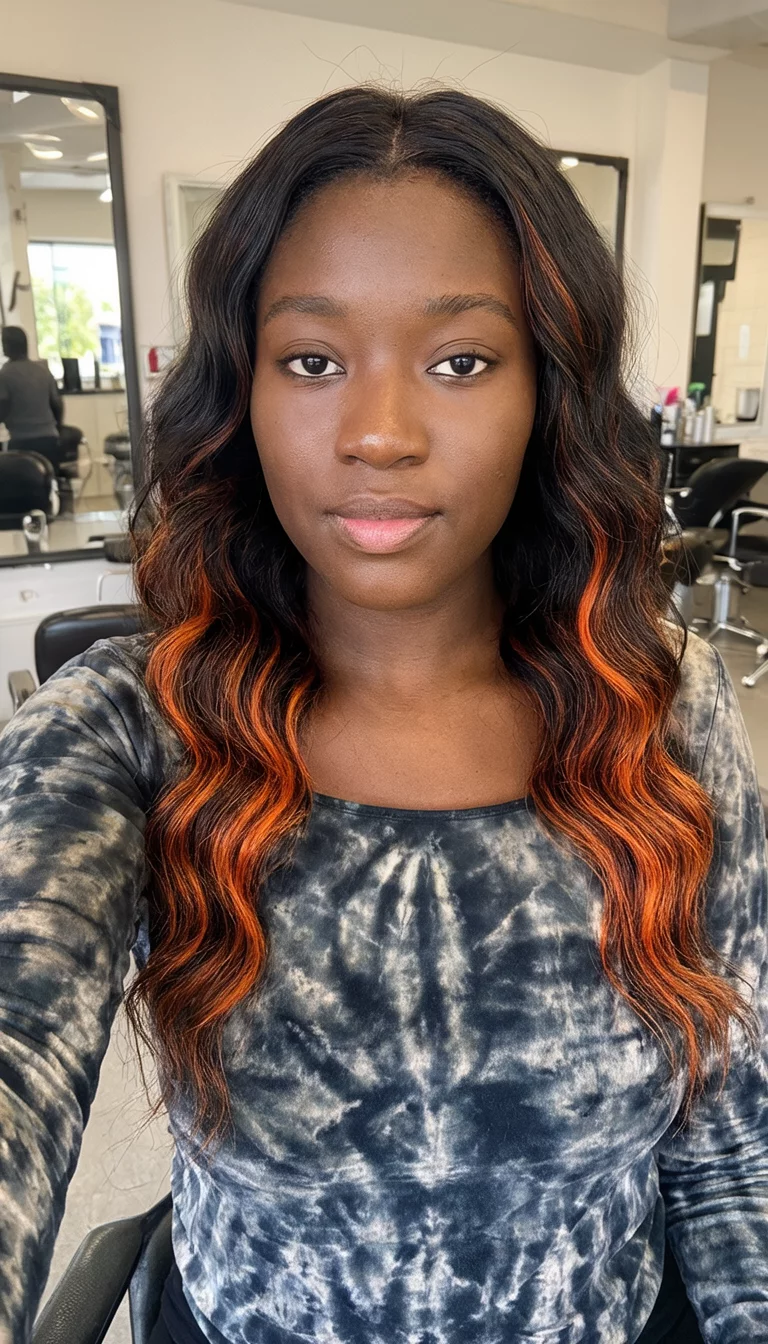 selfie of a 22-year-old black woman wearing a tie-dye top with a dark with orange streaks colored wavy hairstyle, front view, indoor salon background