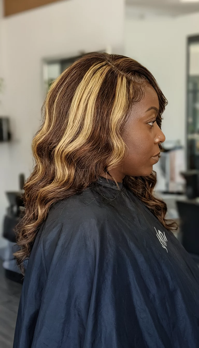 Champagne Brown Blend casual photo of a 35-year-old black woman wearing a black salon cape with a brown with blonde highlights colored long, wavy hairstyle, side view, indoor background