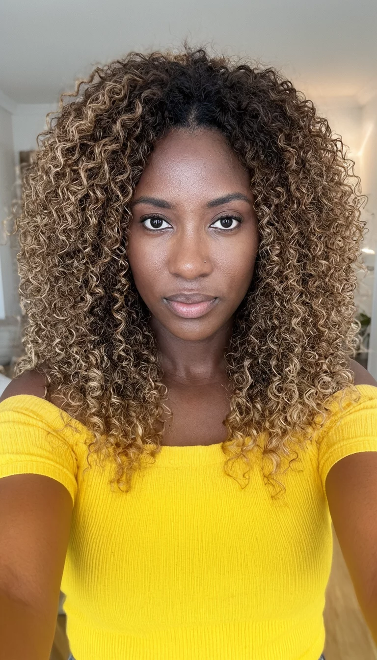 Honey Ombre Ringlets selfie of a 27-year-old black woman wearing a yellow, off-the-shoulder top with a brown and blonde ombre colored voluminous, curly hairstyle, front view, indoor background